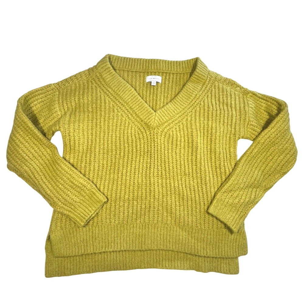 Lucky Brand Womens V Neck Knit Sweater Sz Small Cozy Casual Chartreuse Cabincore